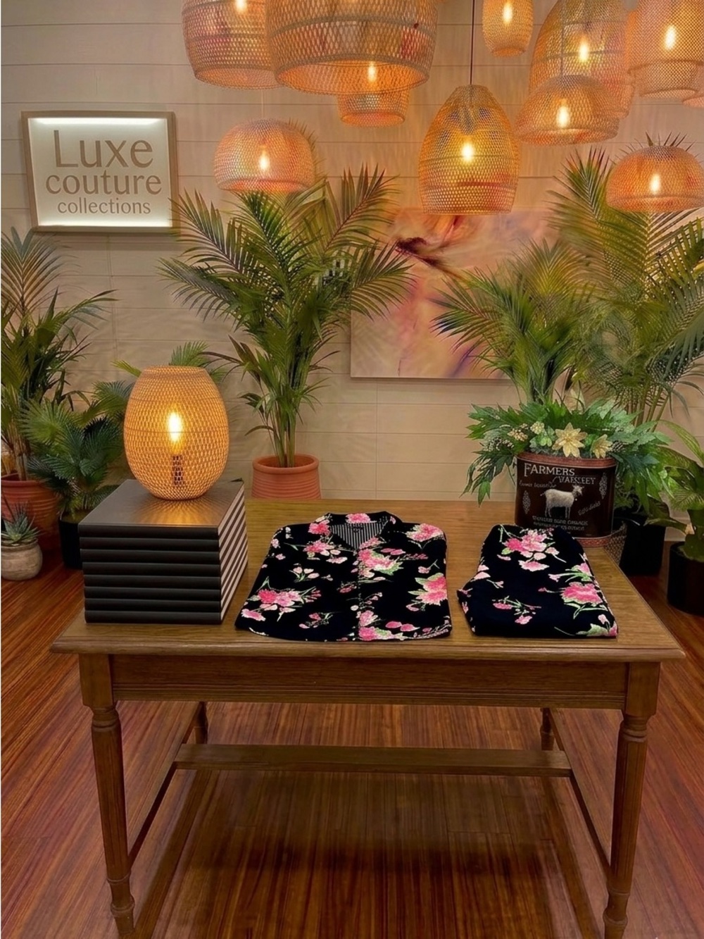 Chaps Black Pajama Set with Pink Floral Print